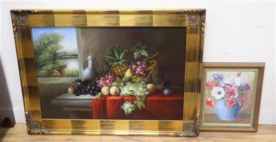 C. Freeman, oil on canvas, Still life of fruit on a ledge, 50 x 75cm and a small oil of anemones